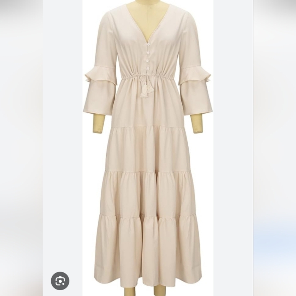 Unbranded Tiered Maxi Dress Tall L Beige Pullover V-Neck 3/4 Ruffle Bell Sleeve